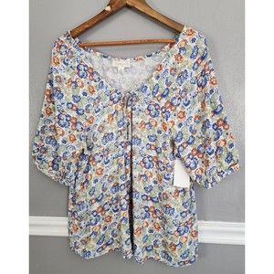 Treasure & Bond Womens Peasant Blouse White Floral Short Puff Sleeve Small